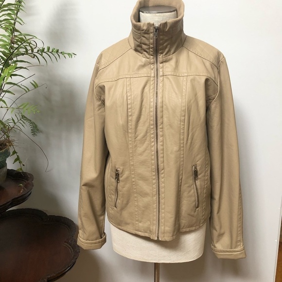 𝅺GEORGE‎ Faux Leather Biker Jacket Beige Tan Size L 12-14 - Picture 1 of 10